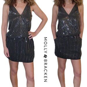NEW - Molly Bracken Black and Silver Sequin Mini dress w/pockets - XS